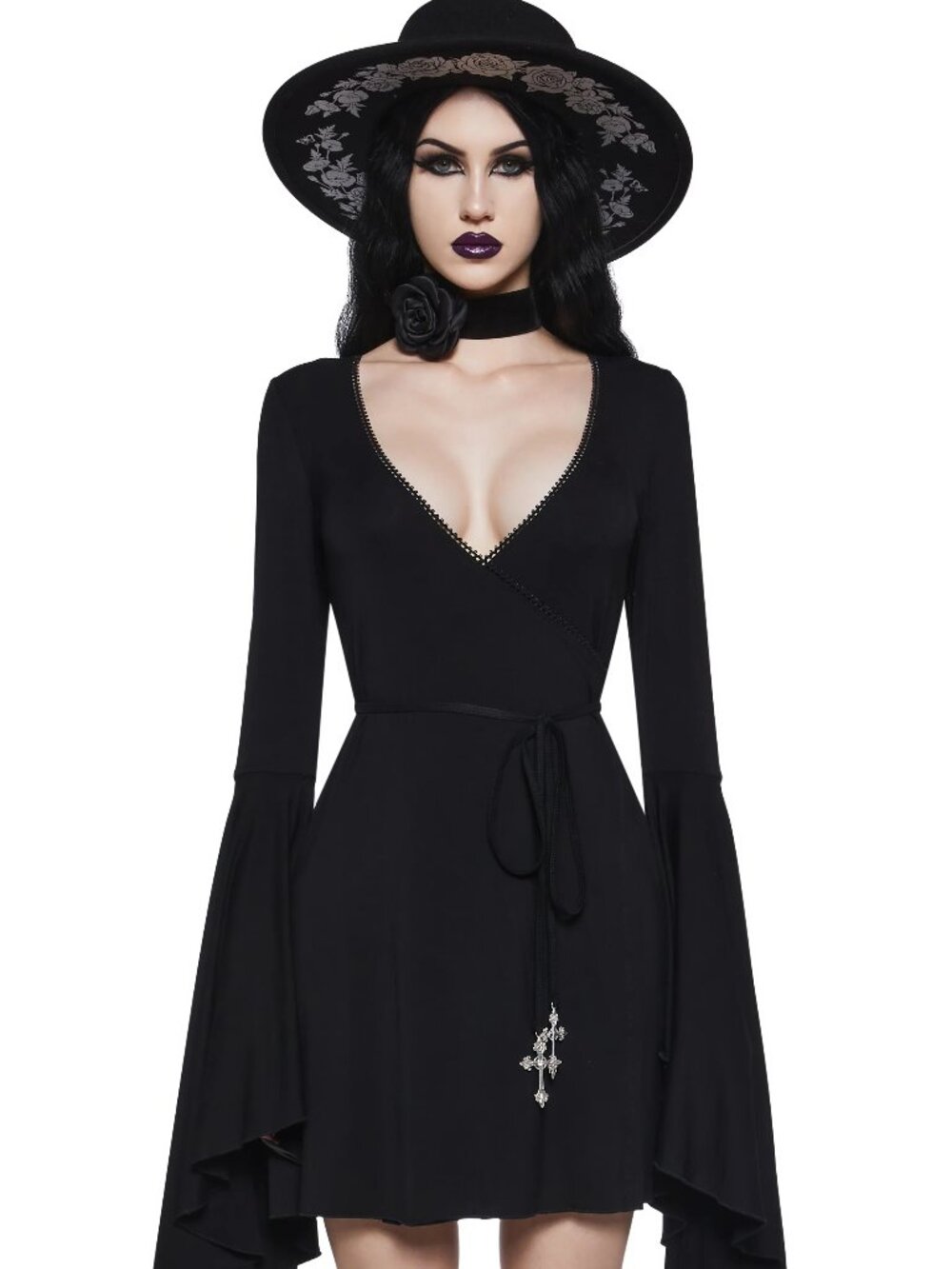 Widow Queen Of The Cursed Wrap Goth Bell Sleeve Belted Witchy Boho Dress - Picture 3 of 7